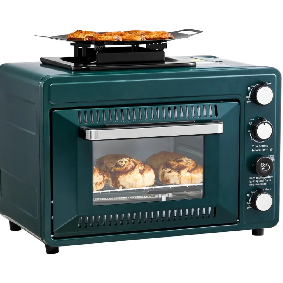 VEVOR Outdoor Oven, 2-in-1 Portable Gas Camping Stove Oven Combo, Adjustable Fire, 60-Minute Timer, Windproof, with Grill Shelf and Roasting Tray, for Camping Gear Backyard Picnic Outdoor Cooking