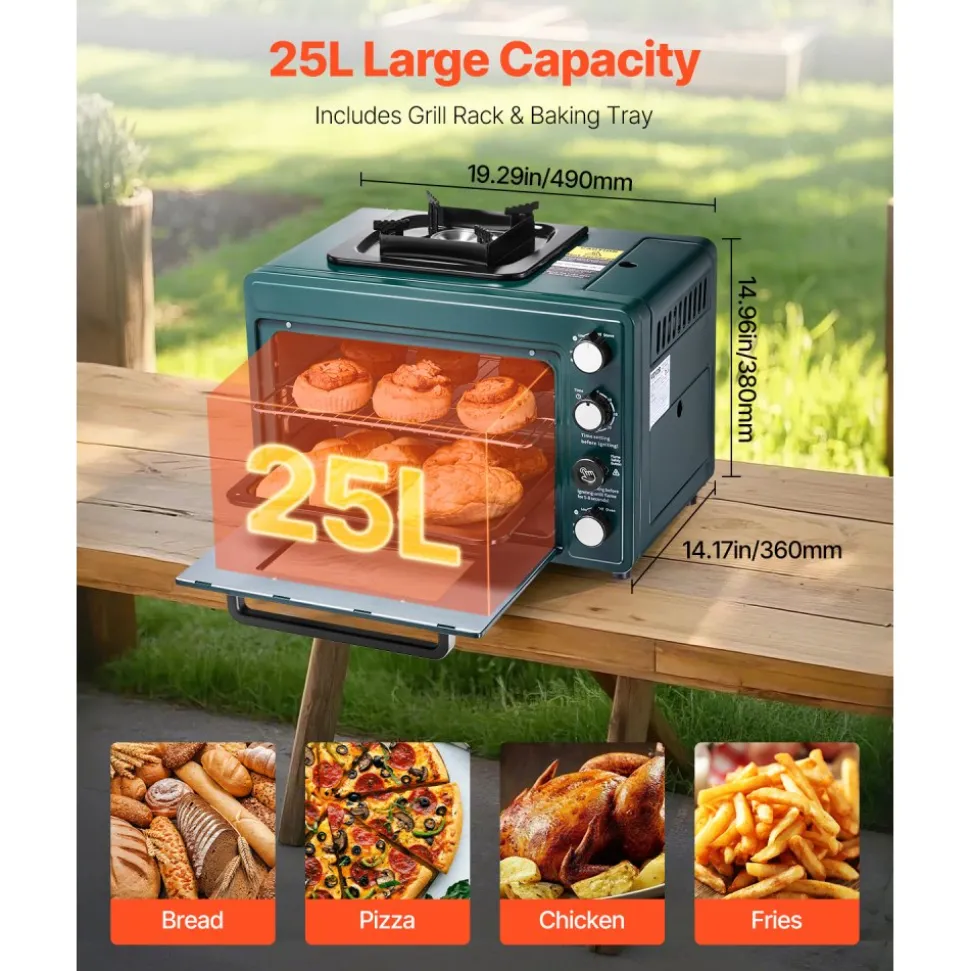 VEVOR Outdoor Oven, 2-in-1 Portable Gas Camping Stove Oven Combo, Adjustable Fire, 60-Minute Timer, Windproof, with Grill Shelf and Roasting Tray, for Camping Gear Backyard Picnic Outdoor Cooking