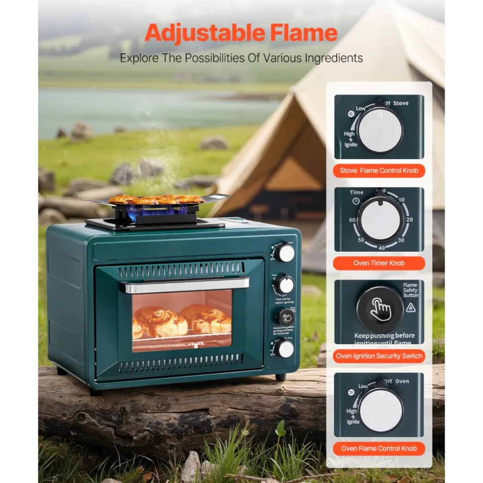 VEVOR Outdoor Oven, 2-in-1 Portable Gas Camping Stove Oven Combo, Adjustable Fire, 60-Minute Timer, Windproof, with Grill Shelf and Roasting Tray, for Camping Gear Backyard Picnic Outdoor Cooking
