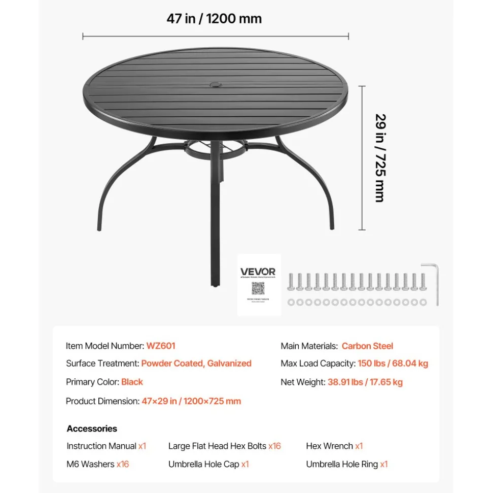 VEVOR Outdoor Patio Dining Table, 47 inch Round Metal Steel Slat Backyard Bistro Tables, with 1.5 in Umbrella Hole, Outside All-Weather Large Furniture for Lawn Garden Porch, Black