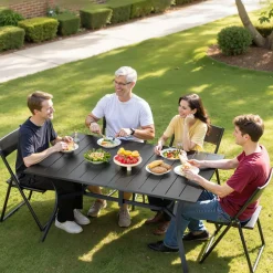 VEVOR Outdoor Patio Dining Table, 59 inch Long Rectangular Metal Steel Slat Backyard Bistro Tables for 4-6, with 1.5 in Umbrella Hole, All-Weather Large Furniture for Lawn Garden Porch, Black
