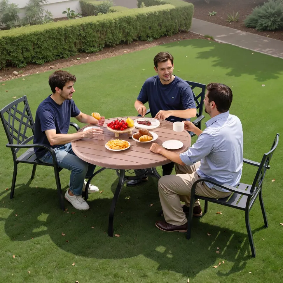 VEVOR Outdoor Patio Dining Table, 41 inch Round Wood-Like Steel Slat Backyard Bistro Coffee Tables for 4, with 1.5 in Umbrella Hole, Outside All-Weather Large Furniture for Lawn Garden Porch, Gray