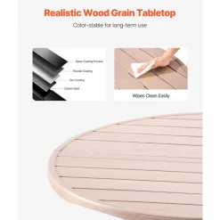 VEVOR Outdoor Patio Dining Table, 41 inch Round Wood-Like Steel Slat Backyard Bistro Coffee Tables for 4, with 1.5 in Umbrella Hole, Outside All-Weather Large Furniture for Lawn Garden Porch, Gray