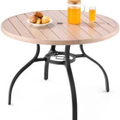 VEVOR Outdoor Patio Dining Table, 41 inch Round Wood-Like Steel Slat Backyard Bistro Coffee Tables for 4, with 1.5 in Umbrella Hole, Outside All-Weather Large Furniture for Lawn Garden Porch, Gray
