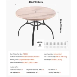 VEVOR Outdoor Patio Dining Table, 41 inch Round Wood-Like Steel Slat Backyard Bistro Coffee Tables for 4, with 1.5 in Umbrella Hole, Outside All-Weather Large Furniture for Lawn Garden Porch, Gray