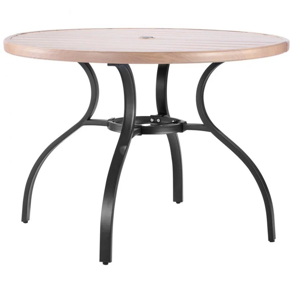 VEVOR Outdoor Patio Dining Table, 41 inch Round Wood-Like Steel Slat Backyard Bistro Coffee Tables for 4, with 1.5 in Umbrella Hole, Outside All-Weather Large Furniture for Lawn Garden Porch, Gray