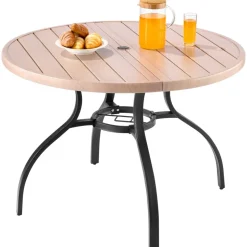 VEVOR Outdoor Patio Dining Table, 41 inch Round Wood-Like Steel Slat Backyard Bistro Coffee Tables for 4, with 1.5 in Umbrella Hole, Outside All-Weather Large Furniture for Lawn Garden Porch, Gray