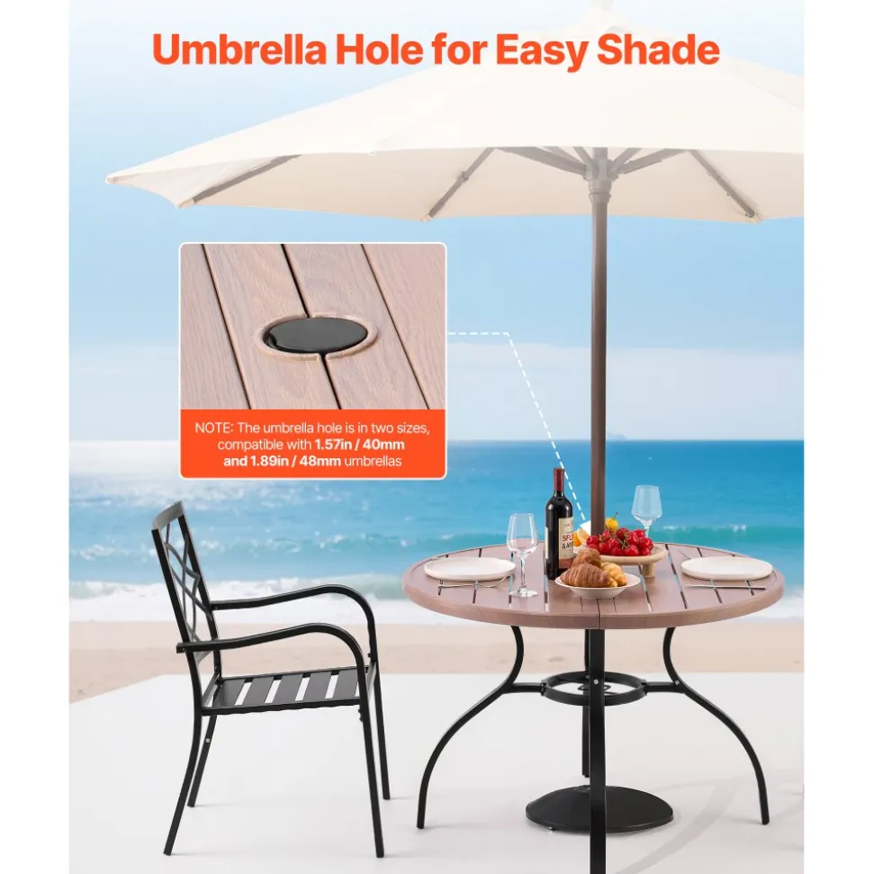 VEVOR Outdoor Patio Dining Table, 41 inch Round Wood-Like Steel Slat Backyard Bistro Coffee Tables for 4, with 1.5 in Umbrella Hole, Outside All-Weather Large Furniture for Lawn Garden Porch, Gray
