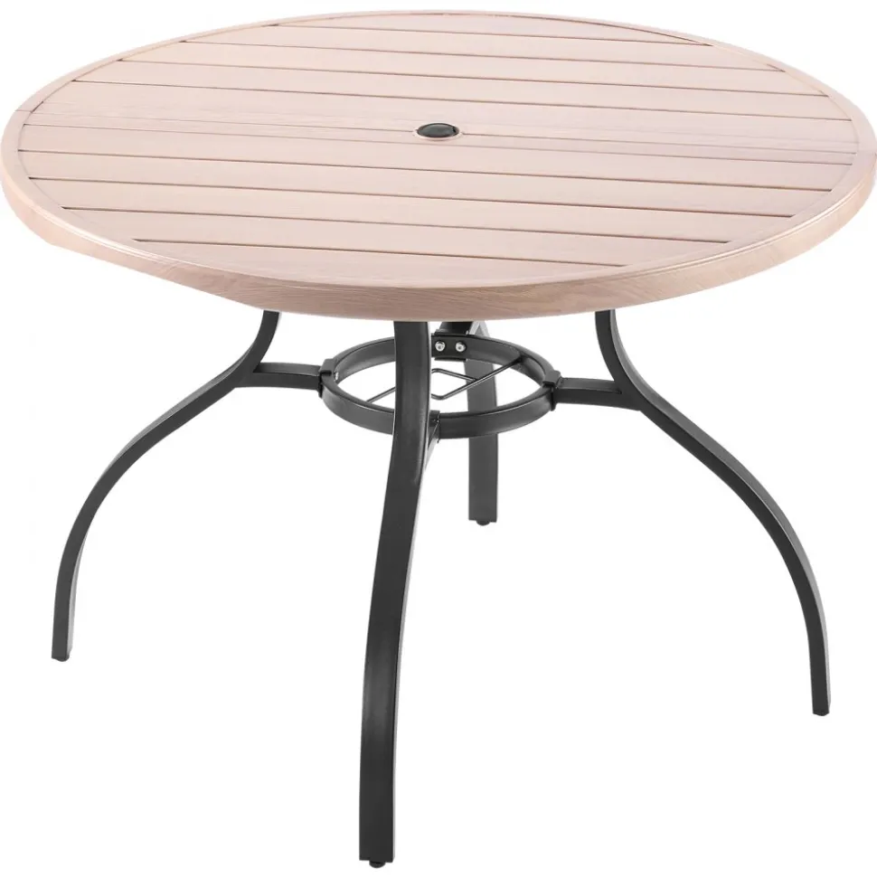 VEVOR Outdoor Patio Dining Table, 41 inch Round Wood-Like Steel Slat Backyard Bistro Coffee Tables for 4, with 1.5 in Umbrella Hole, Outside All-Weather Large Furniture for Lawn Garden Porch, Gray