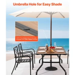 VEVOR Outdoor Patio Dining Table, 59 inch Long Rectangular Wood-Like Steel Slat Backyard Bistro Tables for 4-6, with 1.5 in Umbrella Hole, All-Weather Large Furniture for Lawn Garden Porch, Brown