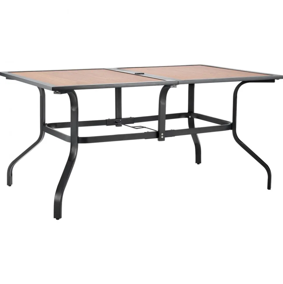 VEVOR Outdoor Patio Dining Table, 59 inch Long Rectangular Wood-Like Steel Slat Backyard Bistro Tables for 4-6, with 1.5 in Umbrella Hole, All-Weather Large Furniture for Lawn Garden Porch, Brown