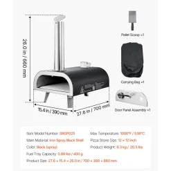 VEVOR Outdoor Pizza Oven, 12 Inch Wood Fired Pizza Ovens, Pellet Pizza-Stove with Thermometer, Portable Pizza-Maker for Outside Backyard Patio Camping, Pizza-Stone, Carry Bag, Shovel, Black