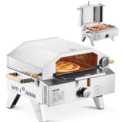 VEVOR Outdoor Pizza Oven, 13 in Gas Fired Pizza-Maker, Portable Outside Gas Oven with Thickened Cordierite Pizza-Stone, and Built-in Thermometer, Pizza or Grill Two Modes, for Camping & Backyard