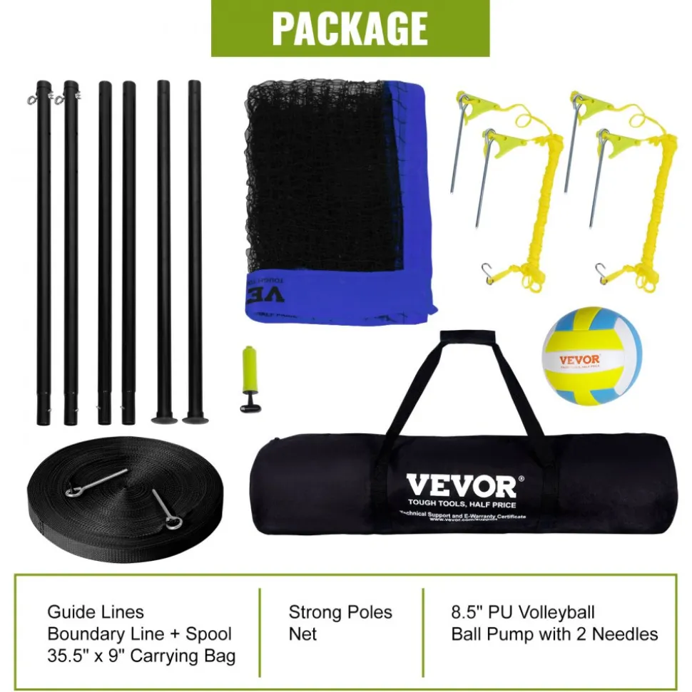 VEVOR Outdoor Portable Volleyball Net System, Adjustable Height Steel Poles, Professional Volleyball Set with PVC Volleyball, Pump, Carrying Bag, Heavy Duty Volleyball Net for Backyard, Beach, Lawn