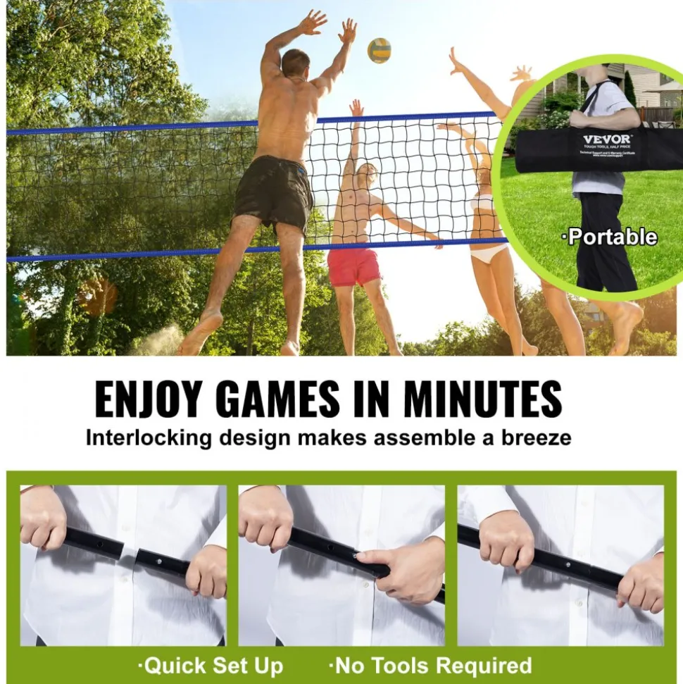 VEVOR Outdoor Portable Volleyball Net System, Adjustable Height Steel Poles, Professional Volleyball Set with PVC Volleyball, Pump, Carrying Bag, Heavy Duty Volleyball Net for Backyard, Beach, Lawn