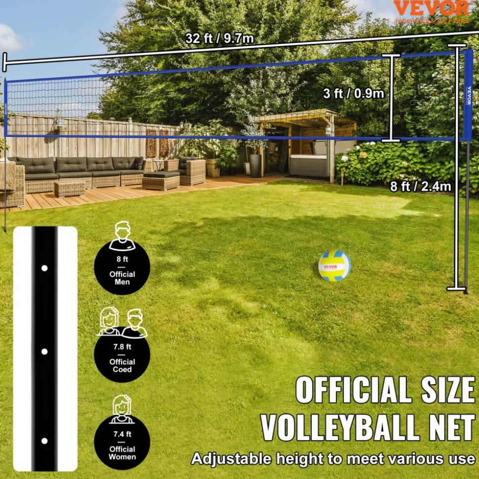 VEVOR Outdoor Portable Volleyball Net System, Adjustable Height Steel Poles, Professional Volleyball Set with PVC Volleyball, Pump, Carrying Bag, Heavy Duty Volleyball Net for Backyard, Beach, Lawn