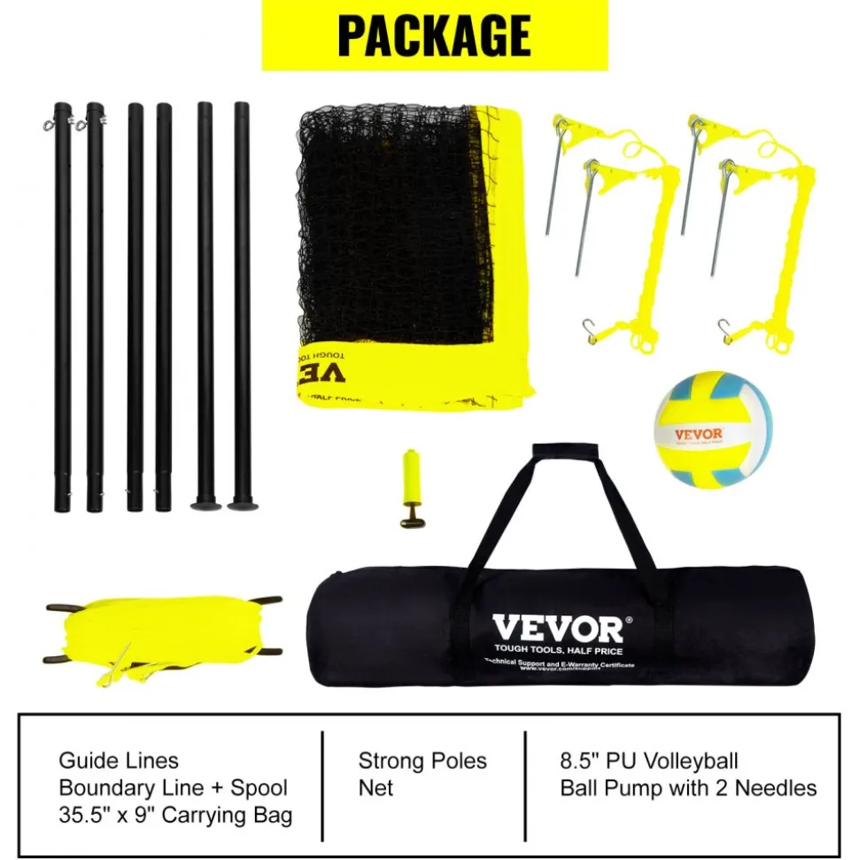 VEVOR Outdoor Portable Volleyball Net System, Adjustable Height Steel Poles, Professional Volleyball Set with PVC Volleyball, Pump, Carrying Bag, Heavy Duty Volleyball Net for Backyard, Beach, Lawn