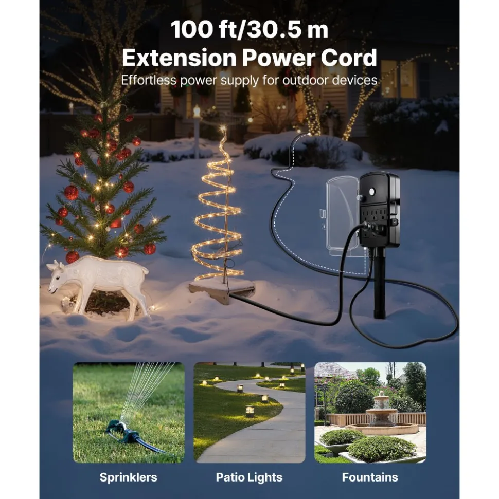 VEVOR Outdoor Power Stake, 25FT Extension Cord, Outdoor Power Strip Weatherproof with Cover, Remote Control Dusk to Dawn Light Timer Waterproof, 6 Outlets, 1875W/15A, for Christmas Lights, Garden