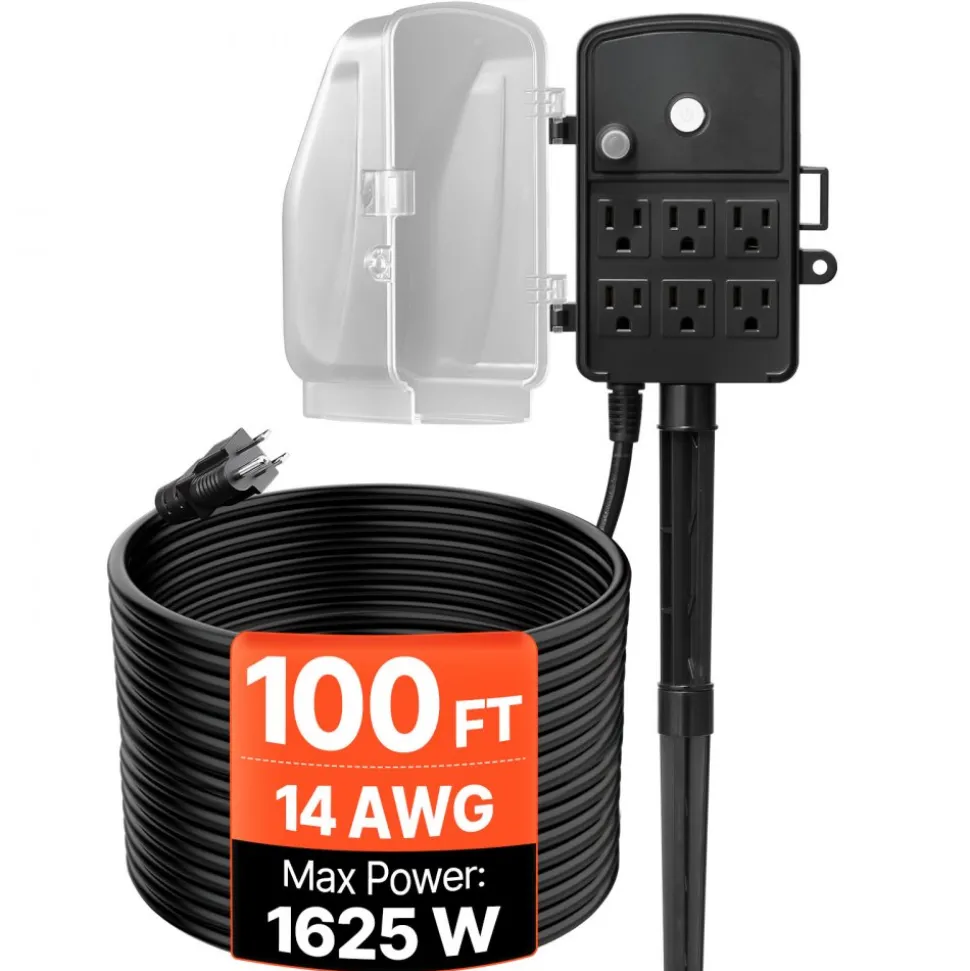 VEVOR Outdoor Power Stake, 25FT Extension Cord, Outdoor Power Strip Weatherproof with Cover, Remote Control Dusk to Dawn Light Timer Waterproof, 6 Outlets, 1875W/15A, for Christmas Lights, Garden