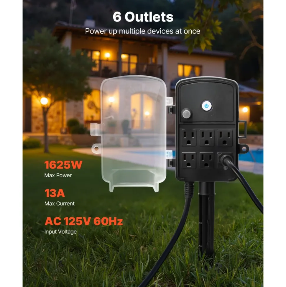 VEVOR Outdoor Power Stake, 25FT Extension Cord, Outdoor Power Strip Weatherproof with Cover, Remote Control Dusk to Dawn Light Timer Waterproof, 6 Outlets, 1875W/15A, for Christmas Lights, Garden