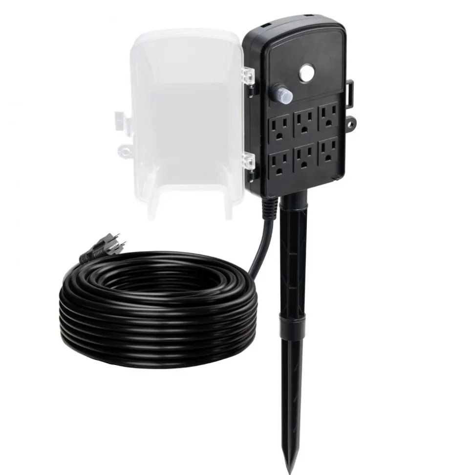 VEVOR Outdoor Power Stake, 25FT Extension Cord, Outdoor Power Strip Weatherproof with Cover, Remote Control Dusk to Dawn Light Timer Waterproof, 6 Outlets, 1875W/15A, for Christmas Lights, Garden