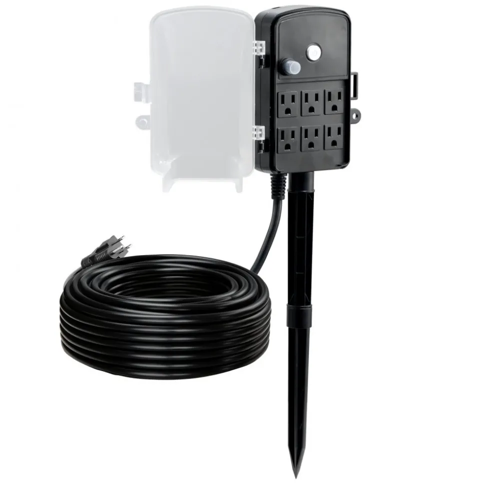 VEVOR Outdoor Power Stake, 25FT Extension Cord, Outdoor Power Strip Weatherproof with Cover, Remote Control Dusk to Dawn Light Timer Waterproof, 6 Outlets, 1875W/15A, for Christmas Lights, Garden