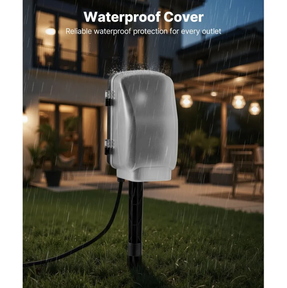 VEVOR Outdoor Power Stake, 15 FT Extension Cord, Outdoor Power Strip Weatherproof with Cover and Overload Protection, 6 Outlets, 15A/1875W, Waterproof Multi-Outlet Yard Stake for Christmas Lights