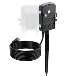 VEVOR Outdoor Power Stake, 15 FT Extension Cord, Outdoor Power Strip Weatherproof with Cover and Overload Protection, 6 Outlets, 15A/1875W, Waterproof Multi-Outlet Yard Stake for Christmas Lights