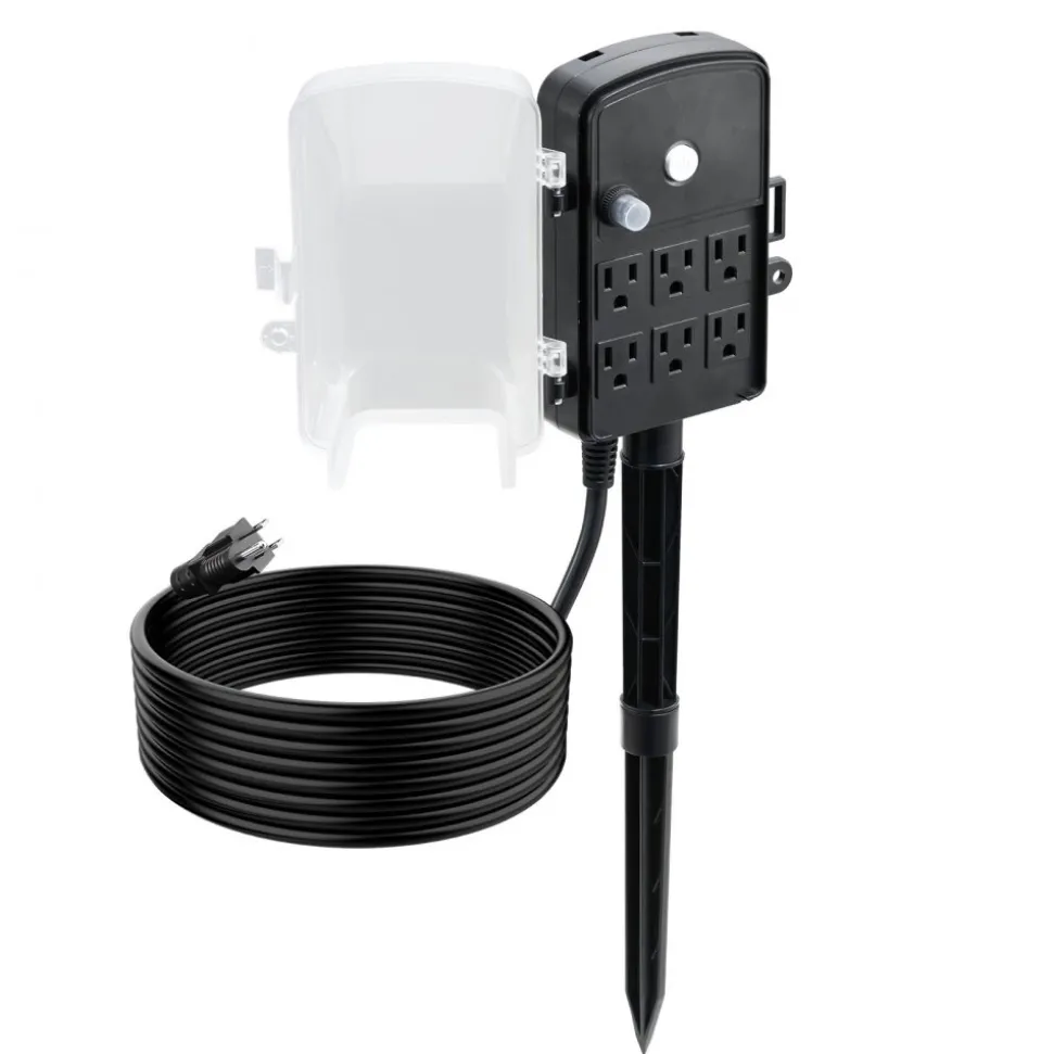 VEVOR Outdoor Power Stake, 15 FT Extension Cord, Outdoor Power Strip Weatherproof with Cover and Overload Protection, 6 Outlets, 15A/1875W, Waterproof Multi-Outlet Yard Stake for Christmas Lights