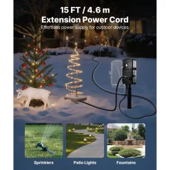 VEVOR Outdoor Power Stake, 15 FT Extension Cord, Outdoor Power Strip Weatherproof with Cover and Overload Protection, 6 Outlets, 15A/1875W, Waterproof Multi-Outlet Yard Stake for Christmas Lights