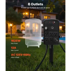 VEVOR Outdoor Power Stake, 100FT Extension Cord, Outdoor Power Strip Weatherproof with Cover, Remote Control Dusk to Dawn Light Timer Waterproof, 6 Outlets, 1625W/13A, for Christmas Lights, Garden