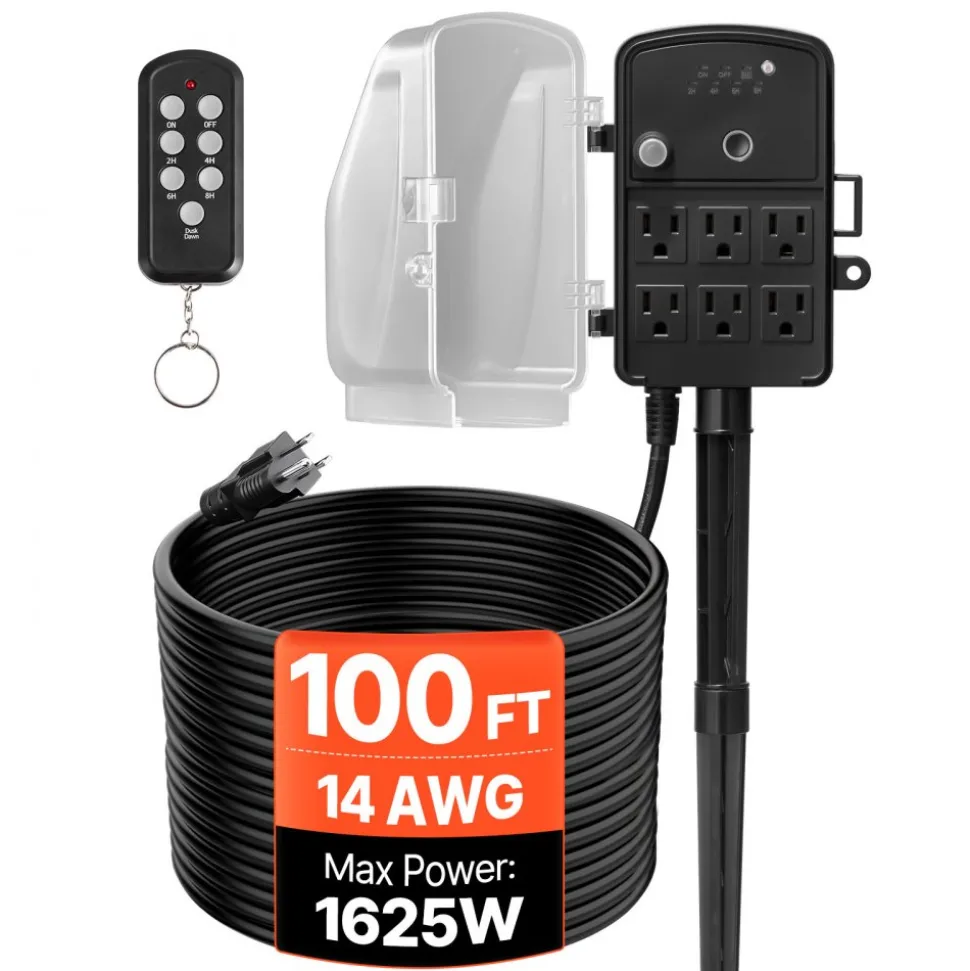 VEVOR Outdoor Power Stake, 50 FT Extension Cord, Outdoor Power Strip Weatherproof with Cover and Overload Protection, 6 Outlets, 15A/1875W, Waterproof Multi-Outlet Yard Stake for Christmas Lights
