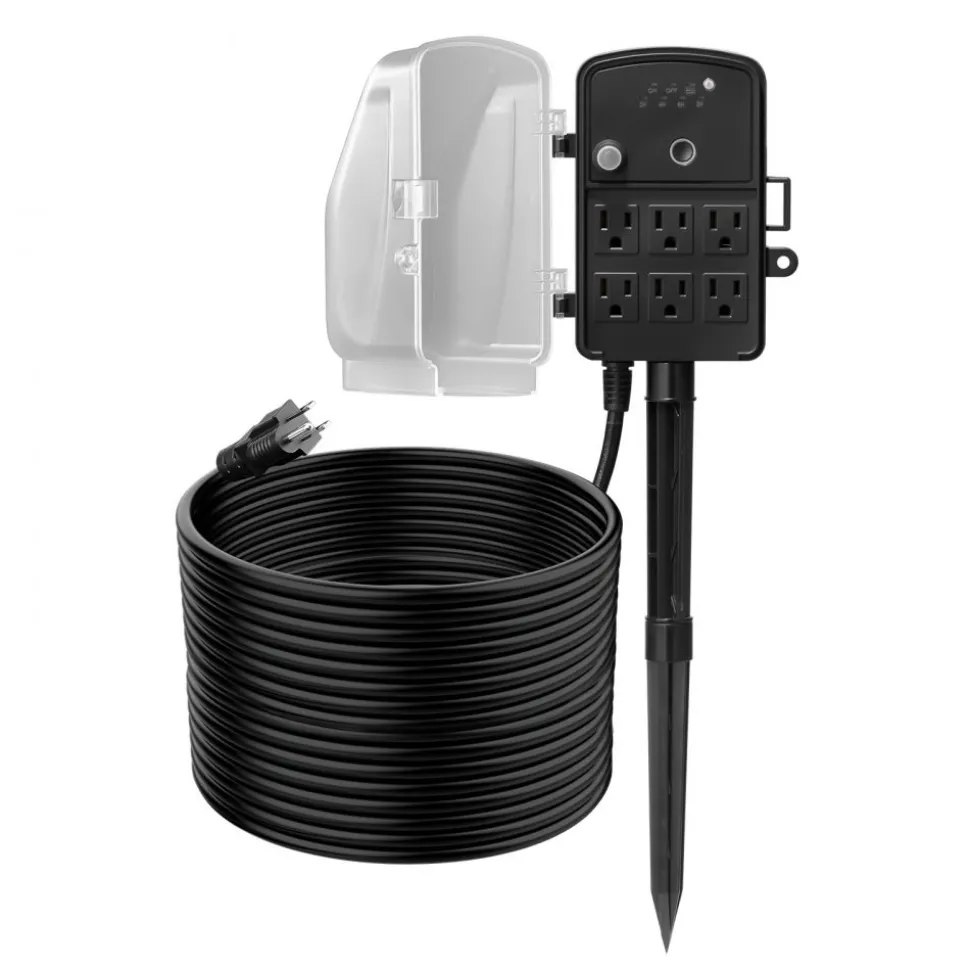 VEVOR Outdoor Power Stake, 50 FT Extension Cord, Outdoor Power Strip Weatherproof with Cover and Overload Protection, 6 Outlets, 15A/1875W, Waterproof Multi-Outlet Yard Stake for Christmas Lights