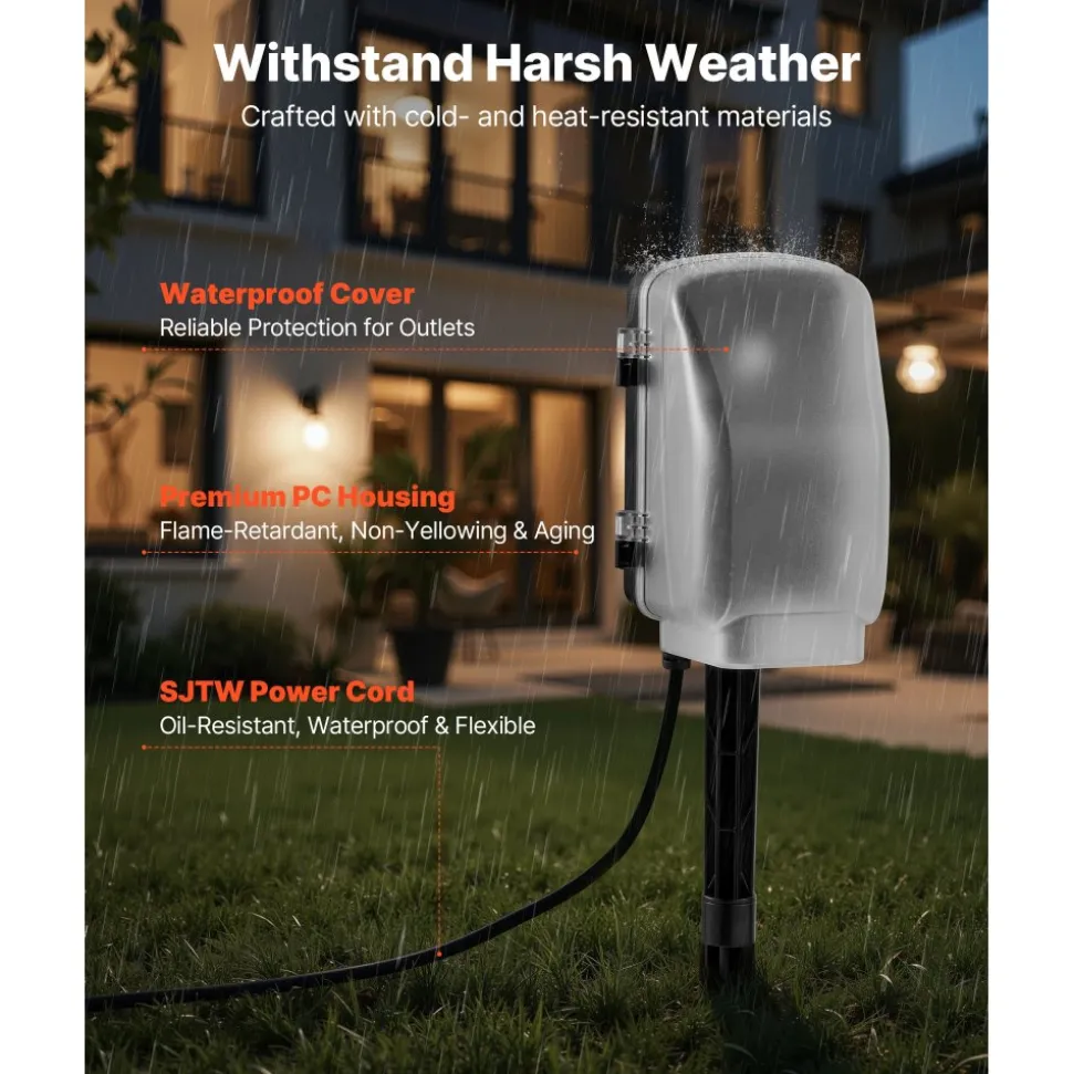 VEVOR Outdoor Power Stake, 50 FT Extension Cord, Outdoor Power Strip Weatherproof with Cover and Overload Protection, 6 Outlets, 15A/1875W, Waterproof Multi-Outlet Yard Stake for Christmas Lights