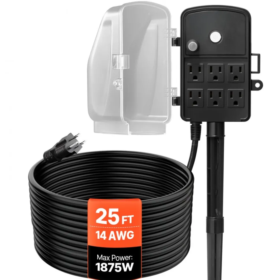 VEVOR Outdoor Power Stake, 25 FT Extension Cord, Outdoor Power Strip Weatherproof with Cover and Overload Protection, 6 Outlets, 15A/1875W, Waterproof Multi-Outlet Yard Stake for Christmas Lights