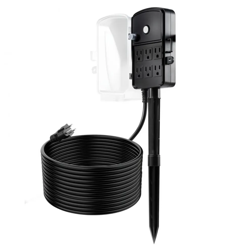 VEVOR Outdoor Power Stake, 25 FT Extension Cord, Outdoor Power Strip Weatherproof with Cover and Overload Protection, 6 Outlets, 15A/1875W, Waterproof Multi-Outlet Yard Stake for Christmas Lights