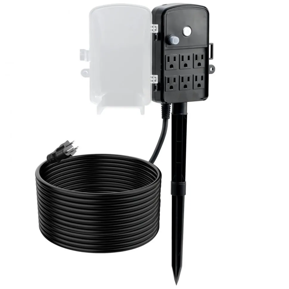 VEVOR Outdoor Power Stake, 25 FT Extension Cord, Outdoor Power Strip Weatherproof with Cover and Overload Protection, 6 Outlets, 15A/1875W, Waterproof Multi-Outlet Yard Stake for Christmas Lights