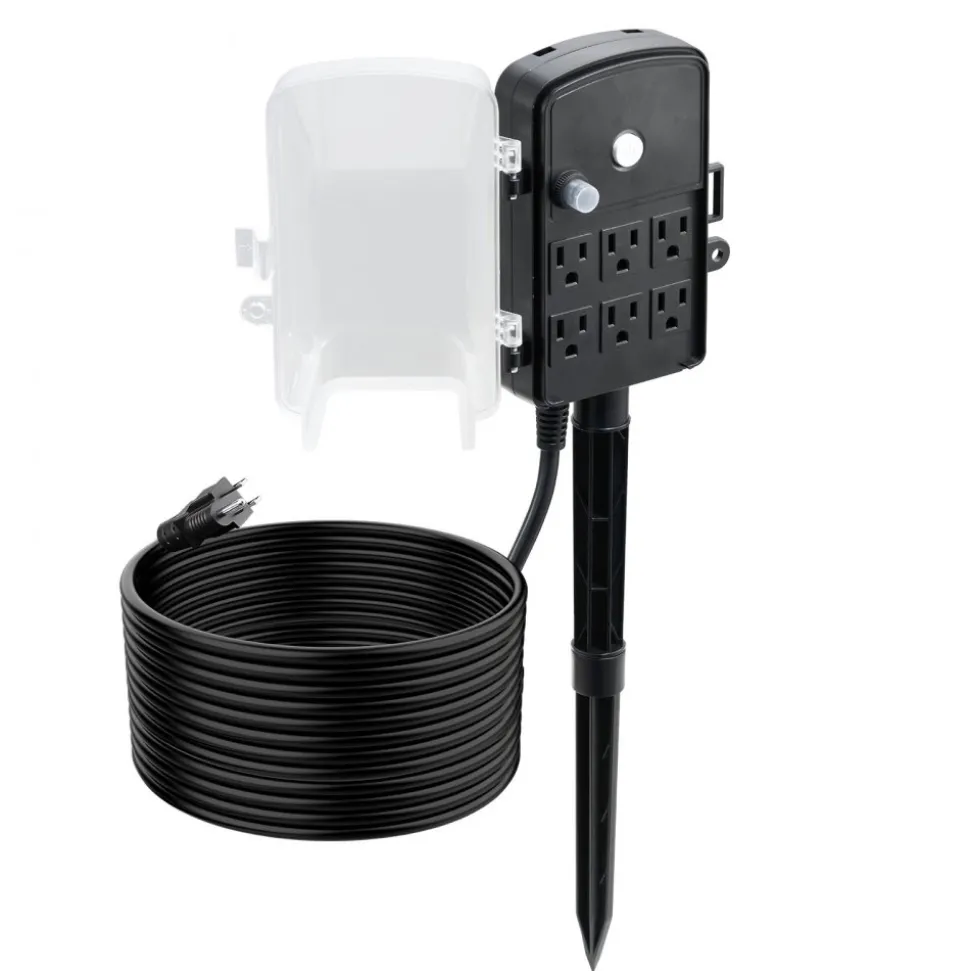 VEVOR Outdoor Power Stake, 25 FT Extension Cord, Outdoor Power Strip Weatherproof with Cover and Overload Protection, 6 Outlets, 15A/1875W, Waterproof Multi-Outlet Yard Stake for Christmas Lights