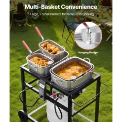 VEVOR Outdoor Propane Deep Fryer, Dual-Tank 18QTx2 Commercial Fryer, Multi-Purpose Portable Frying Cart with Wheel, 3 Basket, 2 Thermometer, Stainless Steel Cooker for Fish Fry Wings Fries, 40,000 BTU