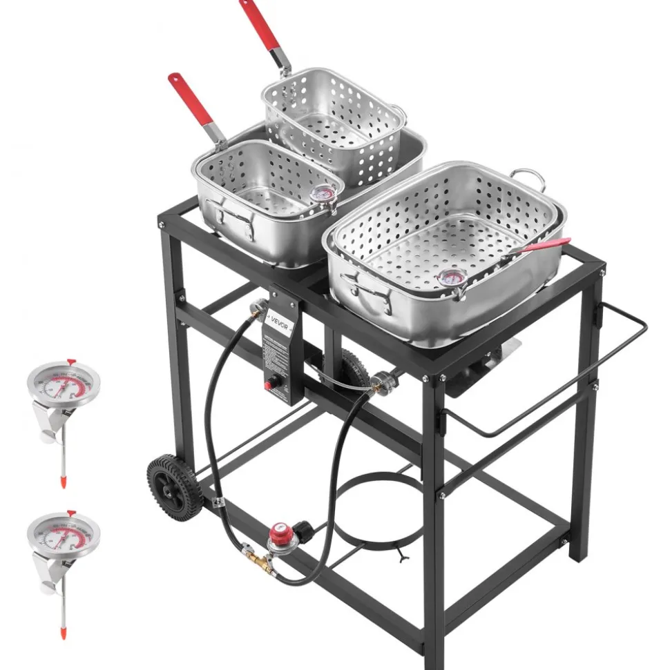 VEVOR Outdoor Propane Deep Fryer, Dual-Tank 18QTx2 Commercial Fryer, Multi-Purpose Portable Frying Cart with Wheel, 3 Basket, 2 Thermometer, Stainless Steel Cooker for Fish Fry Wings Fries, 40,000 BTU