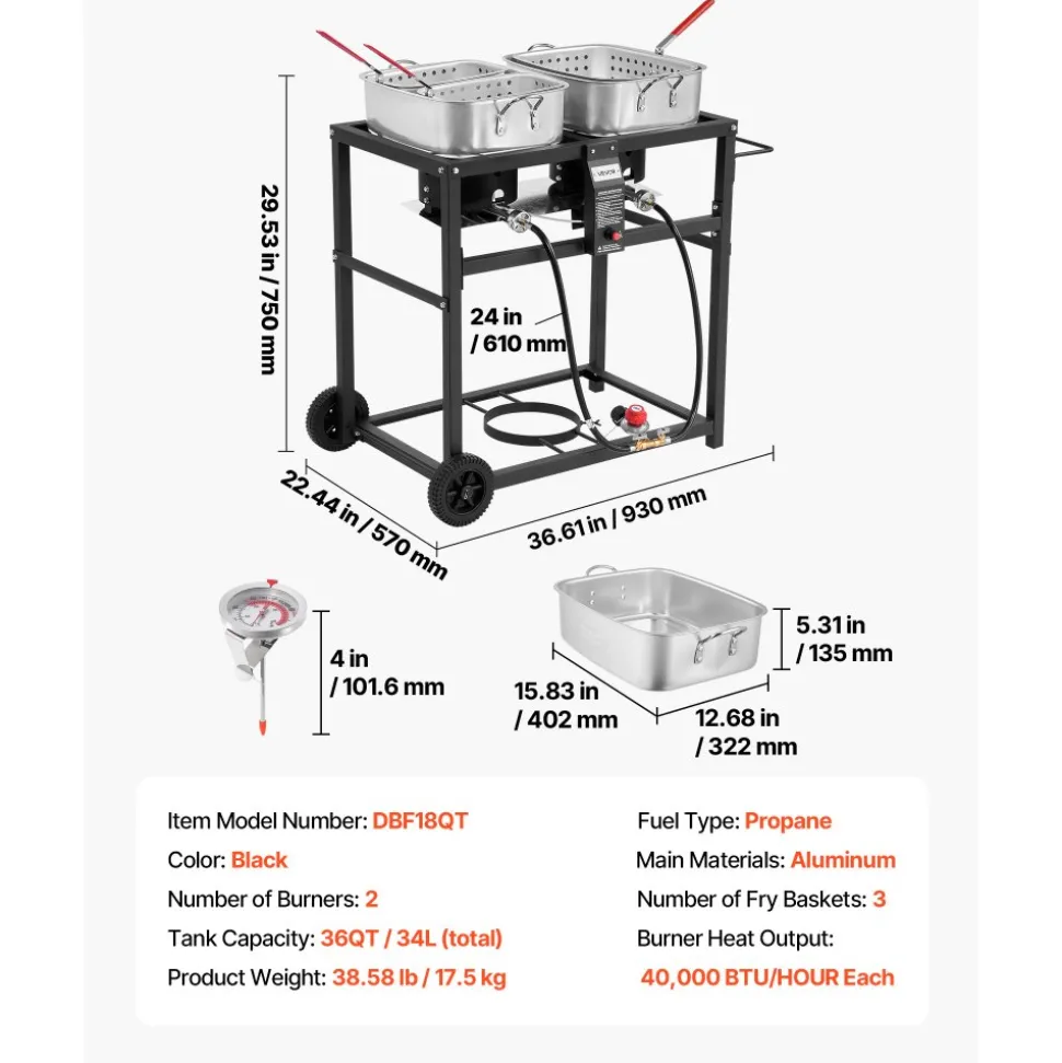 VEVOR Outdoor Propane Deep Fryer, Dual-Tank 18QTx2 Commercial Fryer, Multi-Purpose Portable Frying Cart with Wheel, 3 Basket, 2 Thermometer, Stainless Steel Cooker for Fish Fry Wings Fries, 40,000 BTU