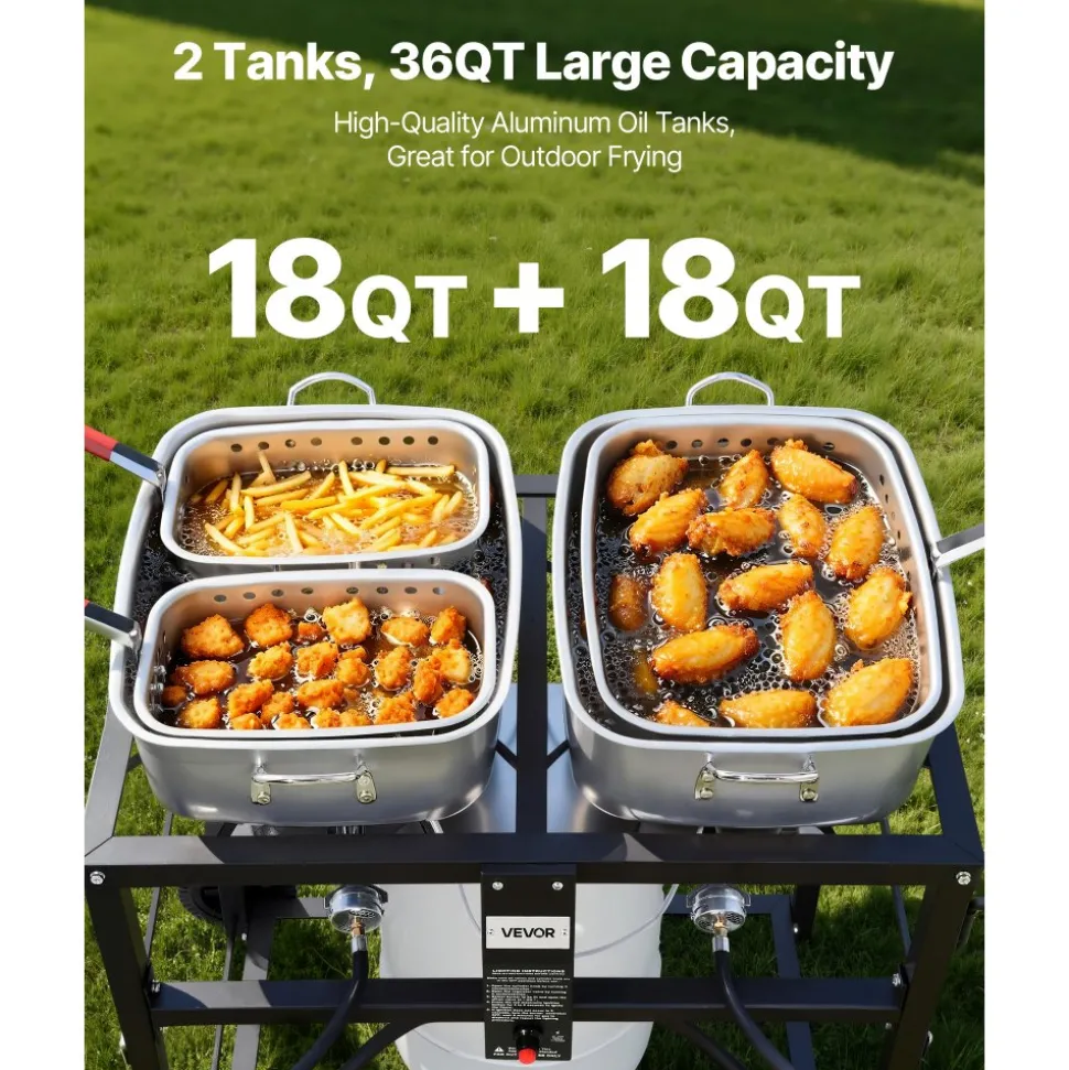 VEVOR Outdoor Propane Deep Fryer, Dual-Tank 18QTx2 Commercial Fryer, Multi-Purpose Portable Frying Cart with Wheel, 3 Basket, 2 Thermometer, Stainless Steel Cooker for Fish Fry Wings Fries, 40,000 BTU