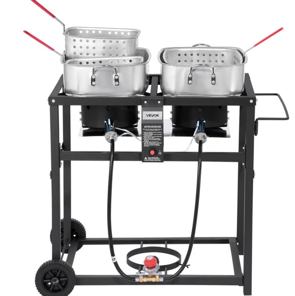 VEVOR Outdoor Propane Deep Fryer, Dual-Tank 18QTx2 Commercial Fryer, Multi-Purpose Portable Frying Cart with Wheel, 3 Basket, 2 Thermometer, Stainless Steel Cooker for Fish Fry Wings Fries, 40,000 BTU