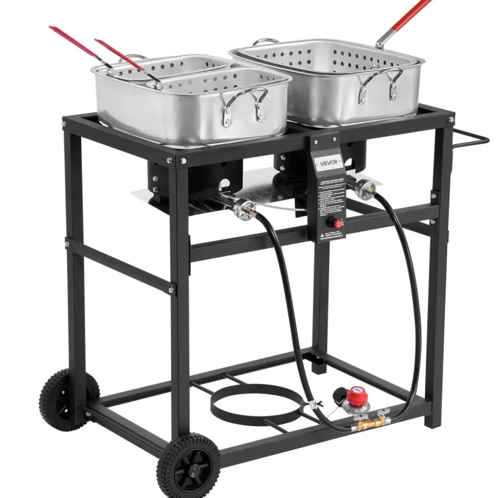 VEVOR Outdoor Propane Deep Fryer, Dual-Tank 18QTx2 Commercial Fryer, Multi-Purpose Portable Frying Cart with Wheel, 3 Basket, 2 Thermometer, Stainless Steel Cooker for Fish Fry Wings Fries, 40,000 BTU