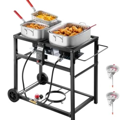VEVOR Outdoor Propane Deep Fryer, Dual-Tank 18QTx2 Commercial Fryer, Multi-Purpose Portable Frying Cart with Wheel, 3 Basket, 2 Thermometer, Stainless Steel Cooker for Fish Fry Wings Fries, 40,000 BTU