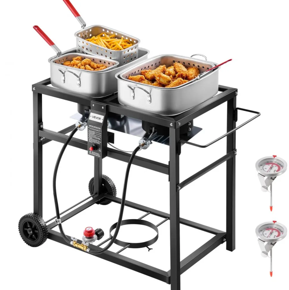 VEVOR Outdoor Propane Deep Fryer, Dual-Tank 18QTx2 Commercial Fryer, Multi-Purpose Portable Frying Cart with Wheel, 3 Basket, 2 Thermometer, Stainless Steel Cooker for Fish Fry Wings Fries, 40,000 BTU