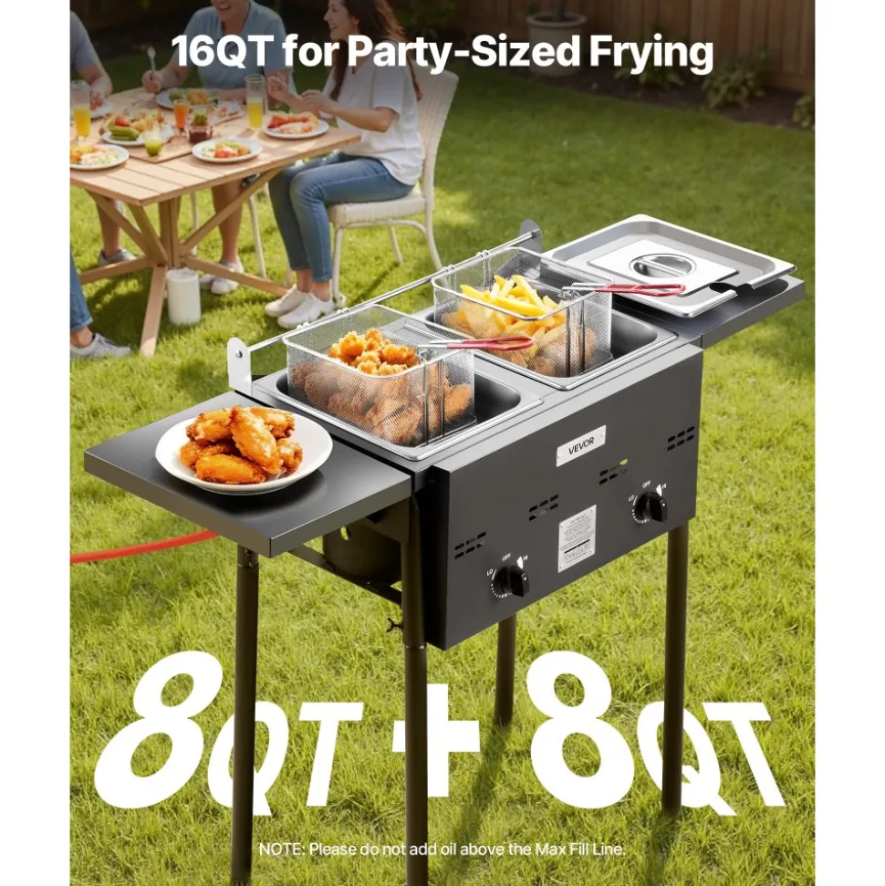 VEVOR Outdoor Propane Deep Fryer, Dual-Tank 8QTx2 Commercial Fryer, Stainless Steel Cooker with Foldable Platform, Dual Basket, and Heat Adjustment, Floor Standing Fryers for Restaurant Home Snack Bar