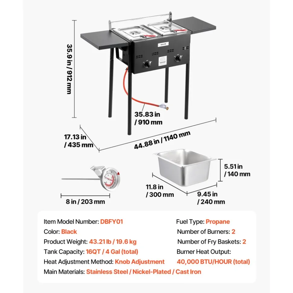 VEVOR Outdoor Propane Deep Fryer, Dual-Tank 8QTx2 Commercial Fryer, Stainless Steel Cooker with Foldable Platform, Dual Basket, and Heat Adjustment, Floor Standing Fryers for Restaurant Home Snack Bar
