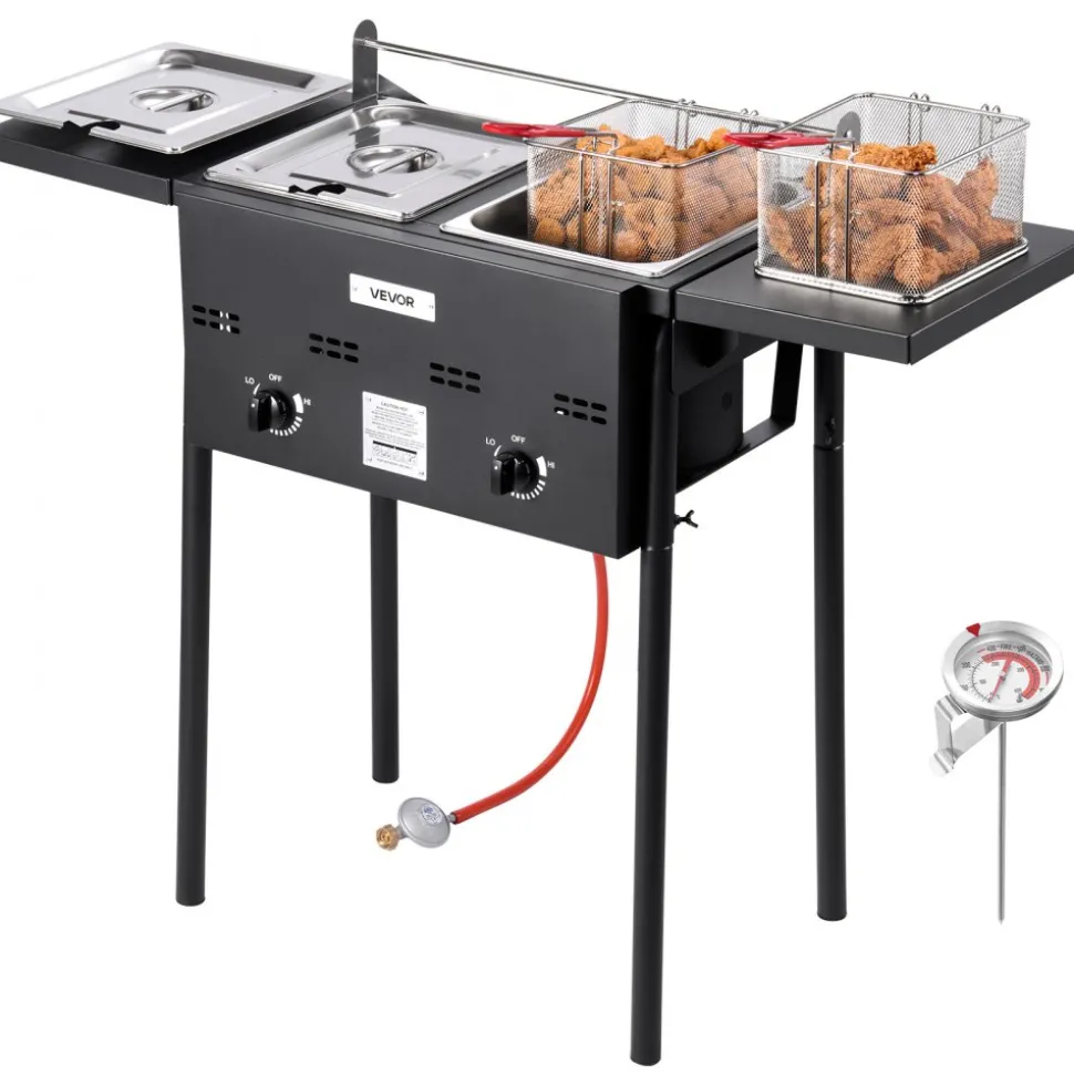 VEVOR Outdoor Propane Deep Fryer, Dual-Tank 8QTx2 Commercial Fryer, Stainless Steel Cooker with Foldable Platform, Dual Basket, and Heat Adjustment, Floor Standing Fryers for Restaurant Home Snack Bar