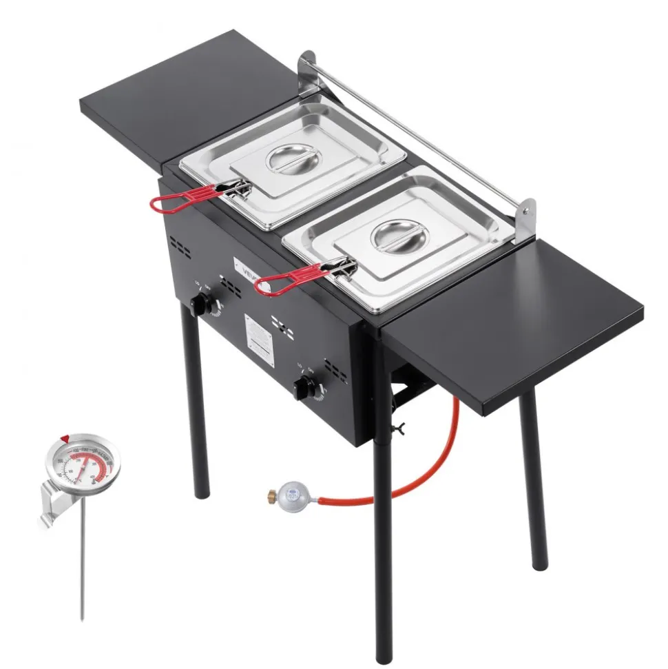 VEVOR Outdoor Propane Deep Fryer, Dual-Tank 8QTx2 Commercial Fryer, Stainless Steel Cooker with Foldable Platform, Dual Basket, and Heat Adjustment, Floor Standing Fryers for Restaurant Home Snack Bar